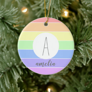 Monogrammed Pastel Rainbow Colorful Stripes Ceramic Tree Decoration