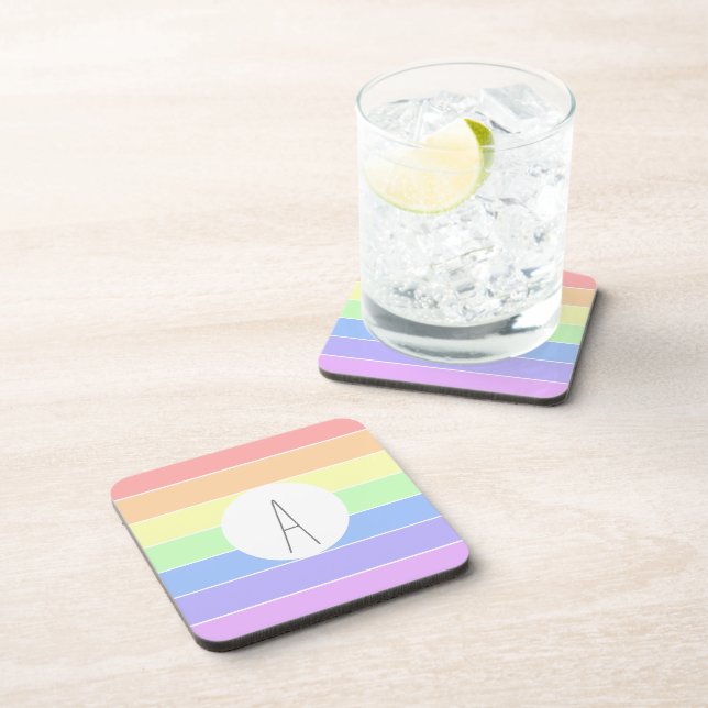 Monogrammed Pastel Rainbow Colourful Stripes   Coaster (Right Side)