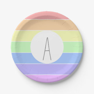 Monogrammed Pastel Rainbow Colourful Stripes Paper Plate