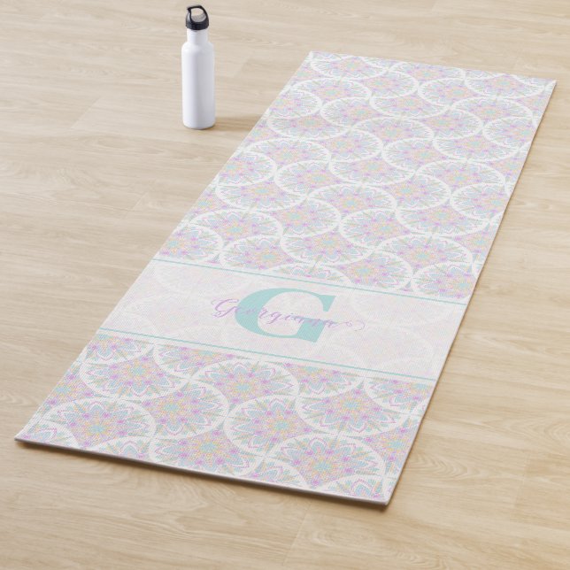 Monogrammed Pastel Rainbow Sundae Mandala Art Deco Yoga Mat (In Situ)