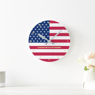 Monogrammed Patriotic America USA Flag Home Decor Round Clock