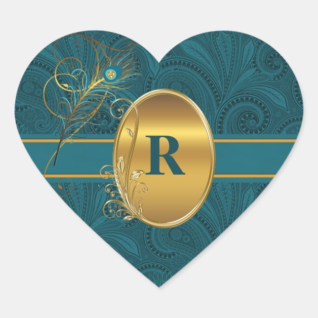 Monogrammed Peacock Teal Wedding Heart Sticker (Front)