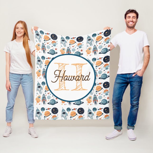 Monogrammed personalised astronaut fleece blanket (In Situ)