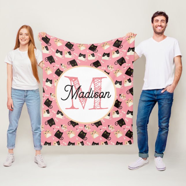 Monogrammed personalised cute cats fleece blanket (In Situ)