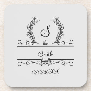 Monogrammed Personalised Family Name Script leaves Coaster