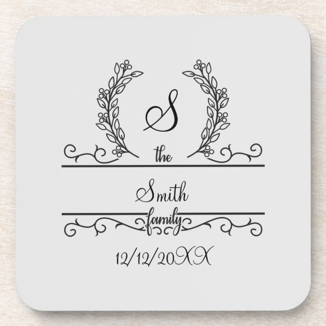 Monogrammed Personalised Family Name Script leaves Coaster (Front)