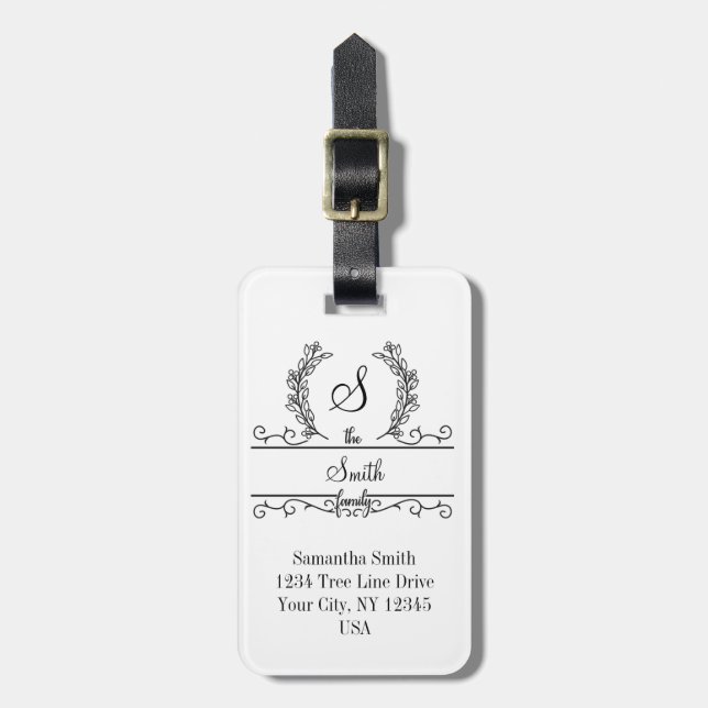 Monogrammed Personalised Family Name Script Leaves Luggage Tag (Front Vertical)