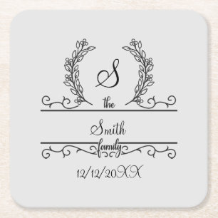 Monogrammed Personalised Family Name Script leaves Square Paper Coaster