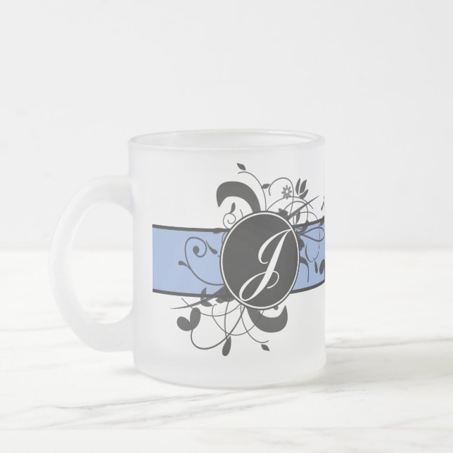 Monogrammed Personalised Fancy Flourish Frosted Glass Coffee Mug (Left)