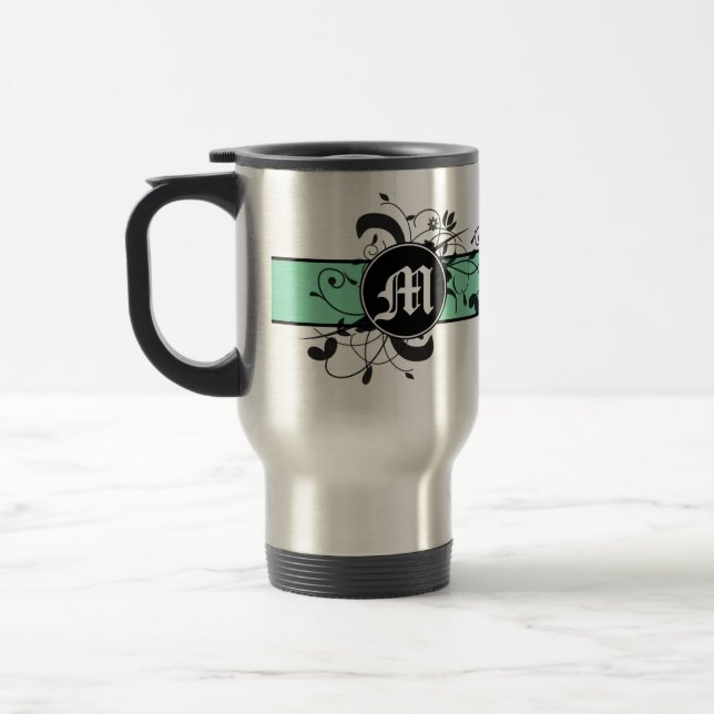 Monogrammed Personalised Fancy Flourish Travel Mug (Left)