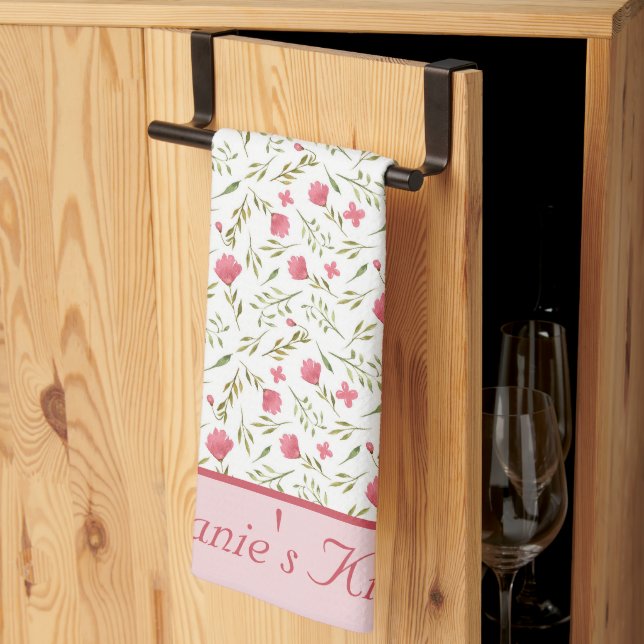 Monogrammed Personalised Pink Green Floral  Tea Towel (Thirds Fold)