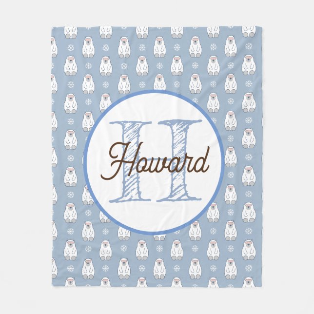 Monogrammed personalised polar bear fleece blanket (Front)