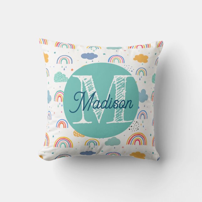 Monogrammed personalised rainbow pillow (Front)
