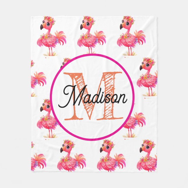 Monogrammed personalize flamingo fleece blanket (Front)