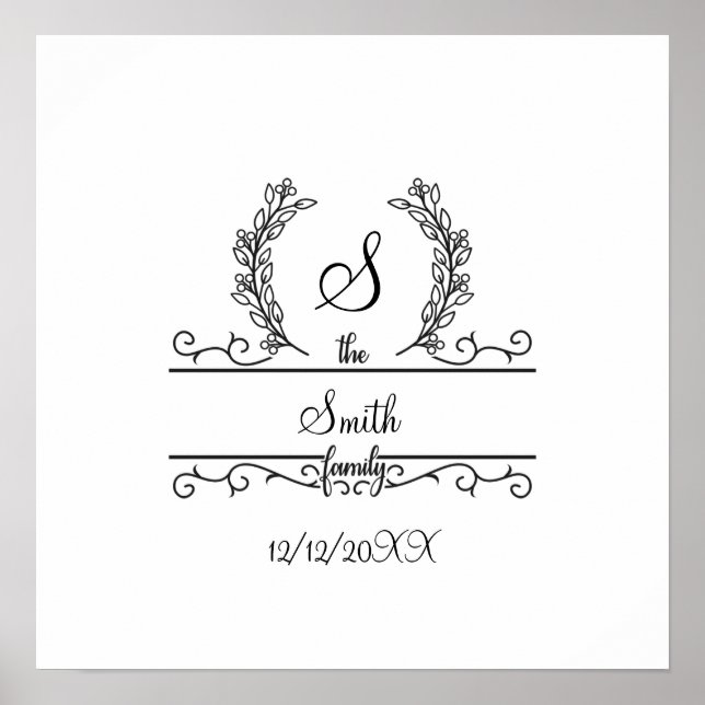 Monogrammed Personalized Family Name Script leaves Poster (Front)