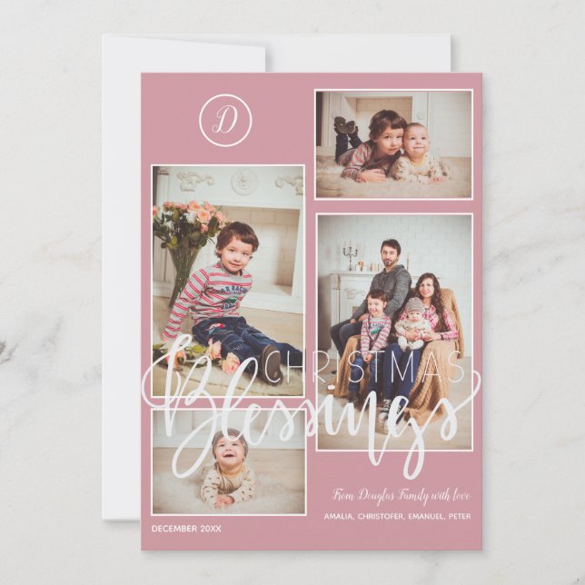 Monogrammed photo collage Christmas blush pink Holiday Card (Front)