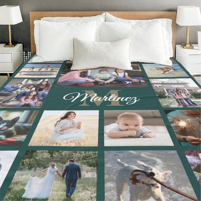 Monogrammed Photo Collage Elegant Green and Gold Fleece Blanket (Creator Uploaded)