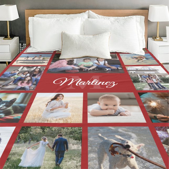 Monogrammed Photo Collage Elegant Red and White Fleece Blanket (Creator Uploaded)
