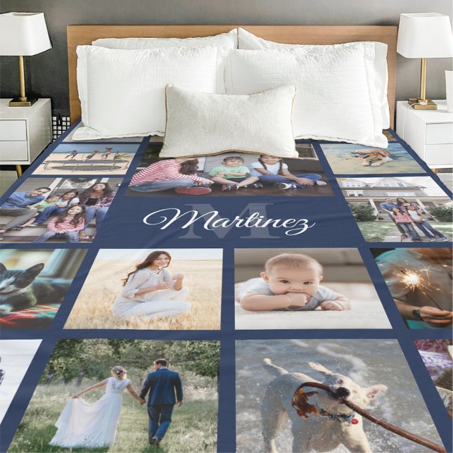 Monogrammed Photo Collage Gold, Black and White Fleece Blanket (Creator Uploaded)