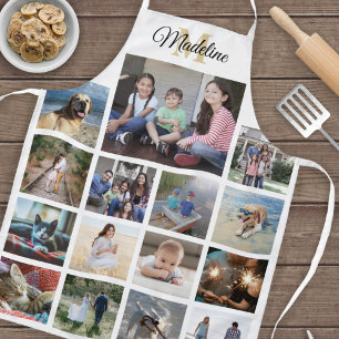 Monogrammed Photo Collage Grid Pattern Gold White Apron