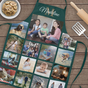 Monogrammed Photo Collage Grid Pattern Green Gold Apron