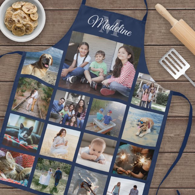 Monogrammed Photo Collage Grid Pattern Navy Blue Apron (Creator Uploaded)