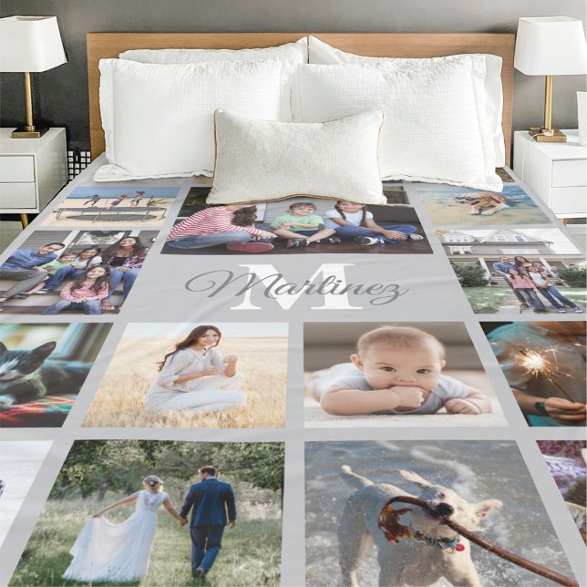 Monogrammed Photo Collage Modern Grey and White Fleece Blanket (Creator Uploaded)
