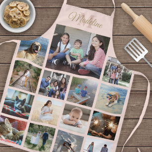 Monogrammed Photo Collage Pattern Blush Pink Gold Apron