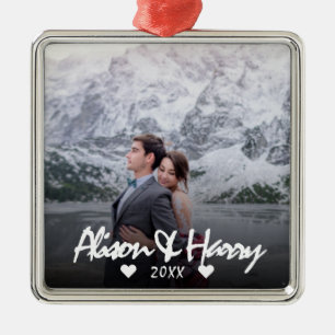 Monogrammed photo Elegant white calligraphy weddin Metal Tree Decoration