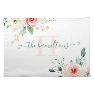 Monogrammed Photo Watercolor Pink Rose Placemat