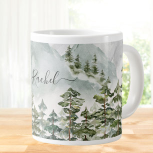 Monogrammed Pine Forest and Mountains Large Coffee Mug