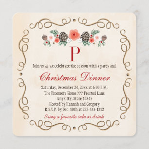 MONOGRAMMED PINECONE LAUREL CHRISTMAS DINNER PARTY INVITATION
