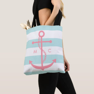 Monogrammed Pink Anchor on Mint Stripes Tote Bag