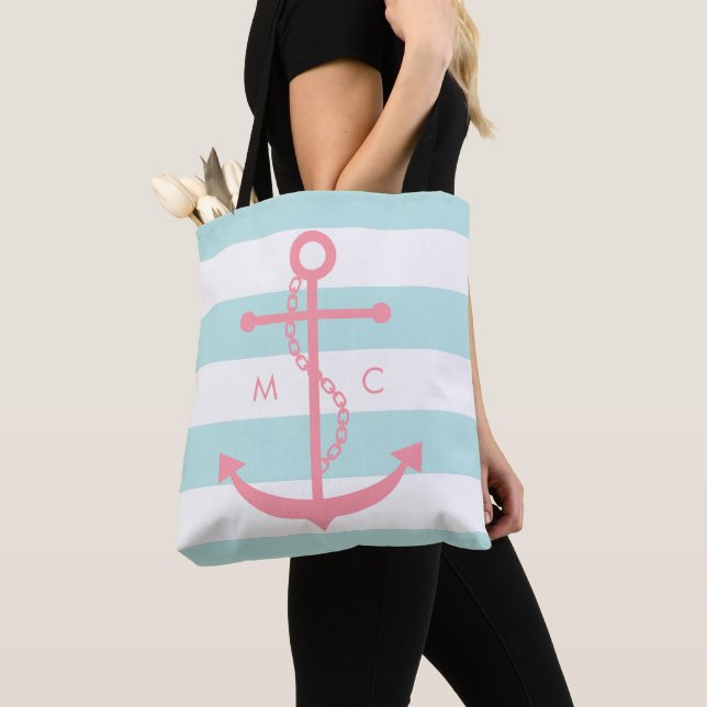 Monogrammed Pink Anchor on Mint Stripes Tote Bag (Close Up)