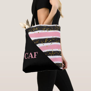 Monogrammed Pink and Black Stripes Gold Glitter Tote Bag