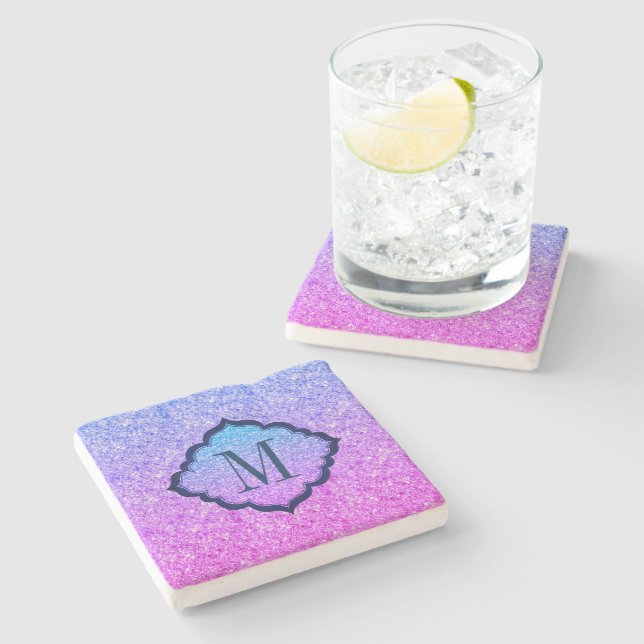 Monogrammed Pink And Blue Glitter Pattern Stone Coaster (Side)