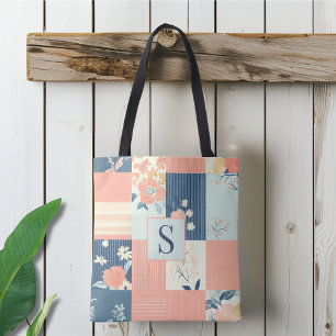 Monogrammed Pink and Blue Patchwork Pattern Tote Bag