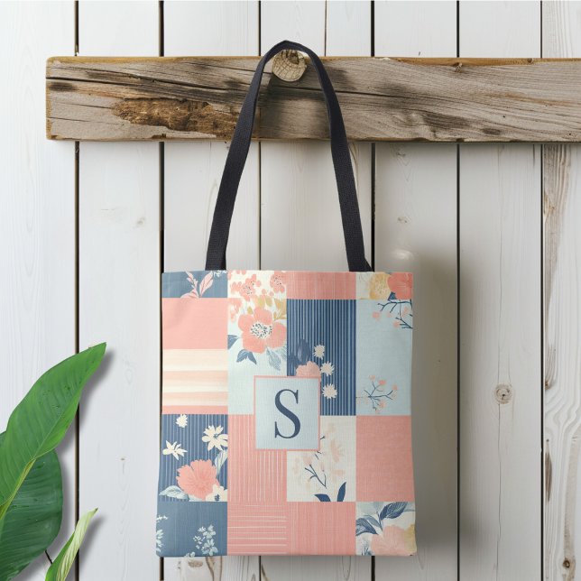 Monogrammed Pink and Blue Patchwork Pattern Tote Bag (Creator Uploaded)