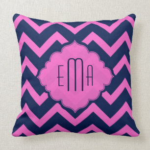 Monogrammed Pink And Blue Zigzag Chevron Cushion