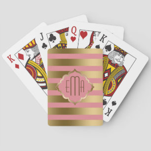 Monogrammed Pink And Gold Geometric Stripes Playing Cards