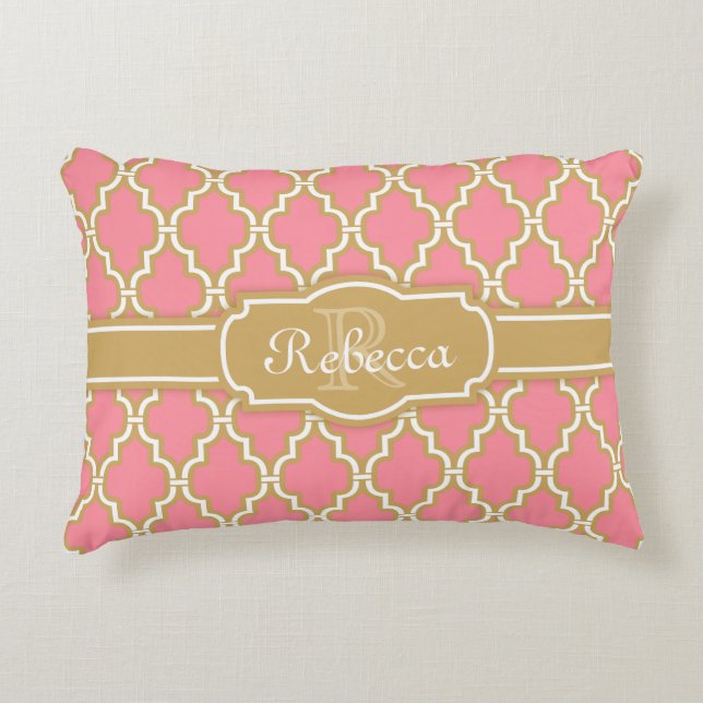 Monogrammed Pink and Gold Lattice Pattern Decorative Cushion (Front)