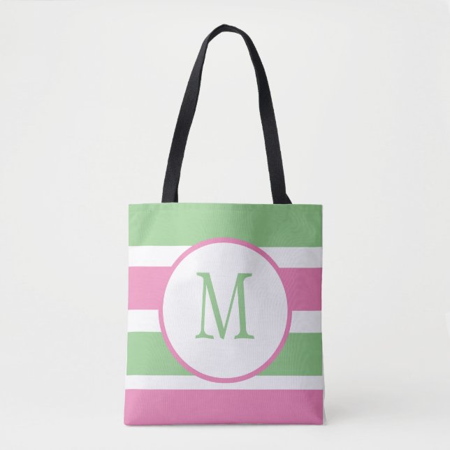 Monogrammed Pink and Green Tote Bag (Front)