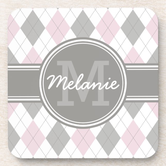Monogrammed Pink and Grey Argyle Pattern Coaster (Front)