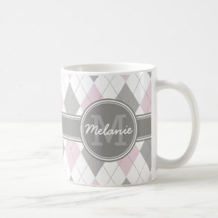 Monogrammed Pink and Grey Argyle Pattern Coffee Mug