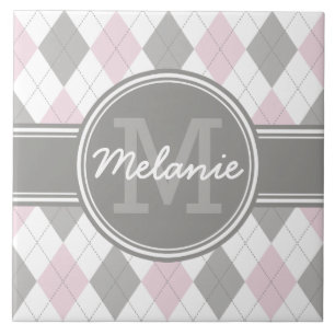 Monogrammed Pink and Grey Argyle Pattern Tile