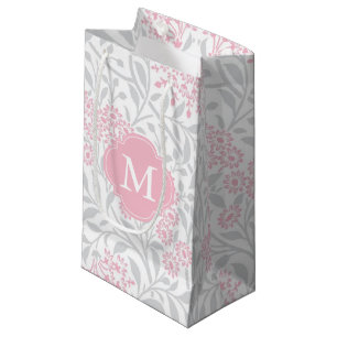 Monogrammed Pink and Grey Floral Damask Pattern Small Gift Bag