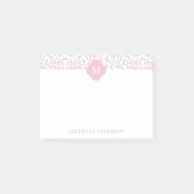 Monogrammed Pink and Grey Floral Damask Post-it Notes (Front)