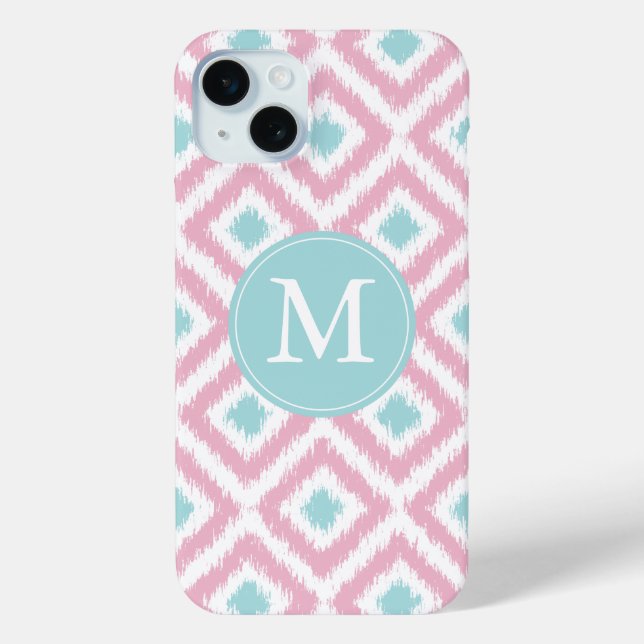 Monogrammed Pink and Mint Diamonds Ikat Pattern Case-Mate iPhone Case (Back)