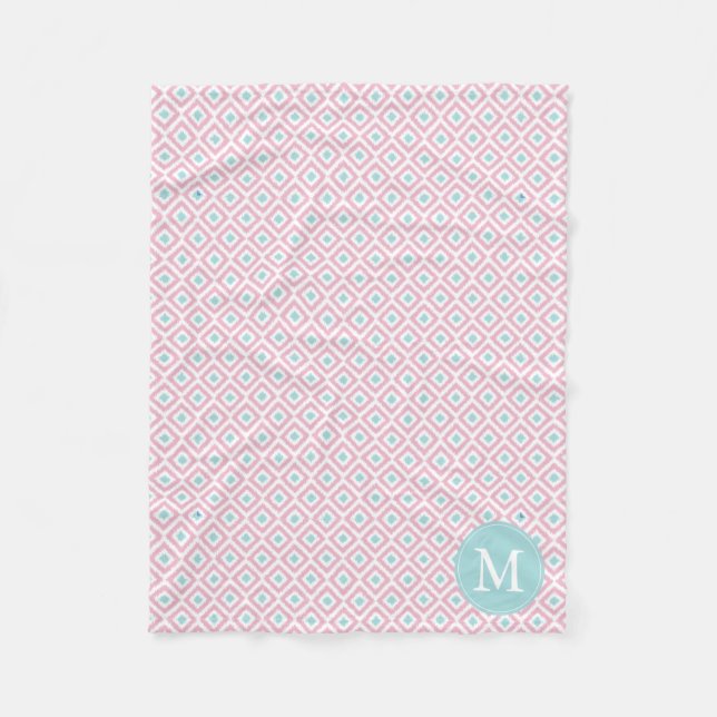 Monogrammed Pink and Mint Diamonds Ikat Pattern Fleece Blanket (Front)