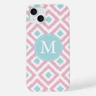 Monogrammed Pink and Mint Diamonds Ikat Pattern iPhone 15 Plus Case